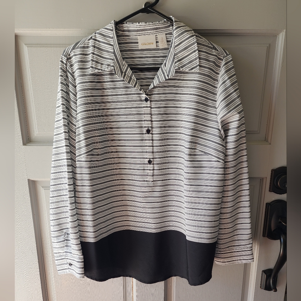 Chico’s Women’s Striped Popover Tunic Blouse Black/White Medium